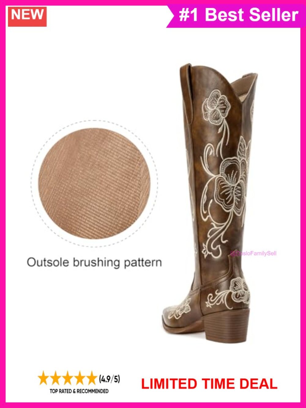 Women's Knee High Western Boots Square Toe Faux Leather Floral - Picture 4 of 6